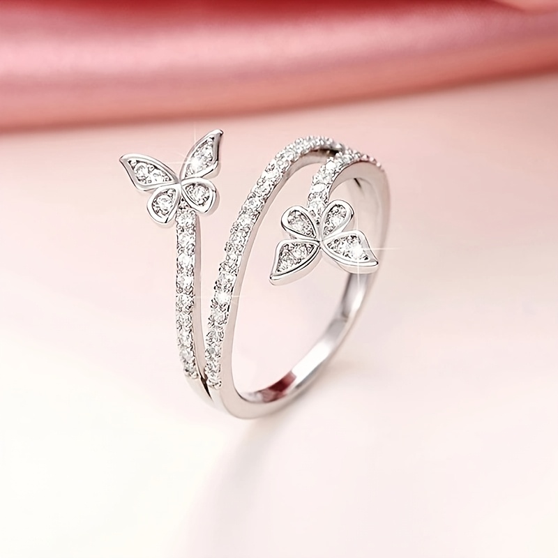 Women's Double Butterfly Cross Copper Ring with Zirconia